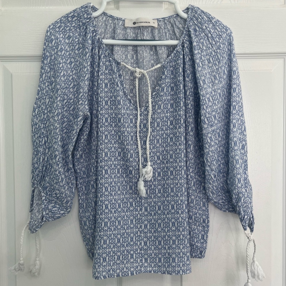 Impeccable Pig Blue White Tassel V-Neck Women's Blouse Shirt Top Boho Coastal